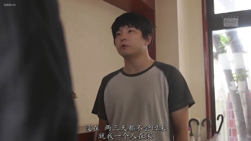 交谈 · 室内住宅 · 人物半身特写 · 画面下方有中文字幕 · 拼色短袖T恤
