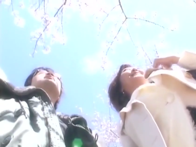 微笑 · 樱花树下 · 浅色系服装 · 两人面部特写