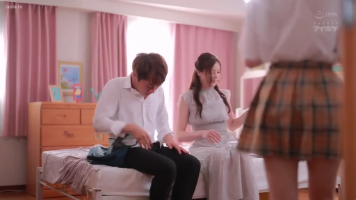 shy · Bedroom · 浅色连体裙 · 粉色窗帘 · 男人解裤腰带特写