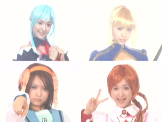 四宫格拼图 · 上半身特写 · 角色扮演服 · 假发及头饰 · 多样化姿势 · 白色背景摄影棚 · 面对镜头拍摄 · 甜美与自信