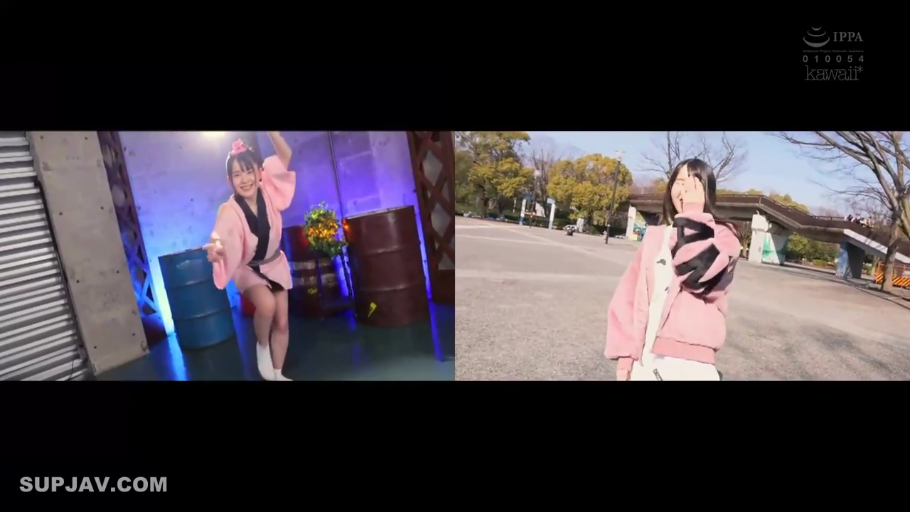 甜美微笑 · 粉色浴衣 · 分屏对比 · 装饰油桶 · 室内与户外 · 全身及中景 · 舞蹈与站立 · 互动表演