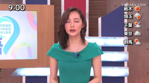 严肃认真 · 电视台演播室 · 人物半身特写 · 绿色露肩针织上衣 · 衣领夹式麦克风 · 画面右上角有天气图标信息