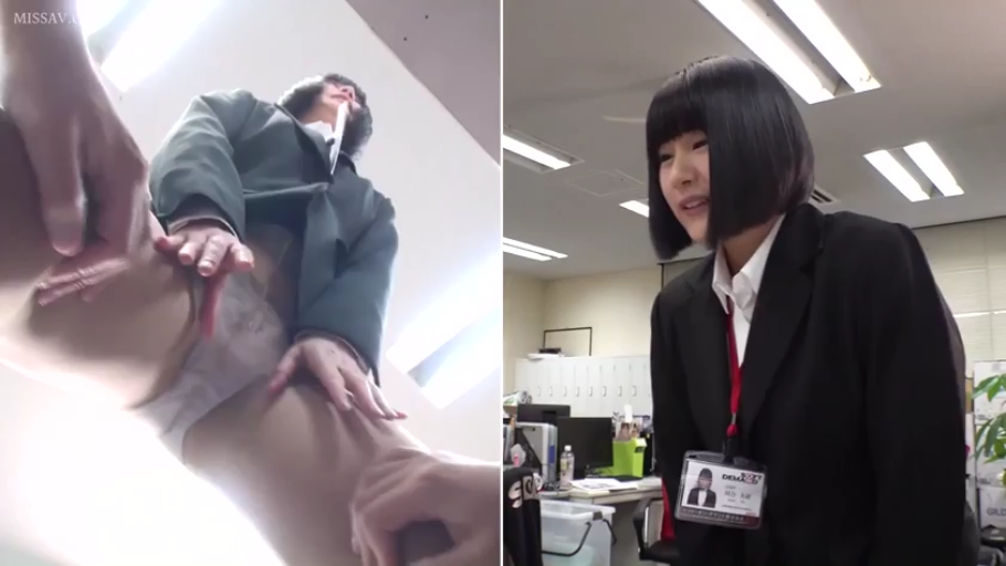 面无表情 · 办公室 · 深色职业西装外套 · 工牌 · 内裤特写 · 裙底偷拍 · 底裤可见