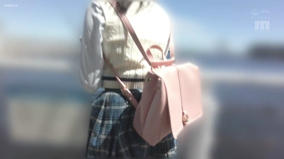 蓝格百褶短裙 · 海边 · 背部特写 · 双肩背包