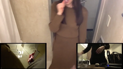 站立 · 酒店 · 偷拍视角 · 模糊 · 整理 · 玻璃杯 · 棕色针织裙