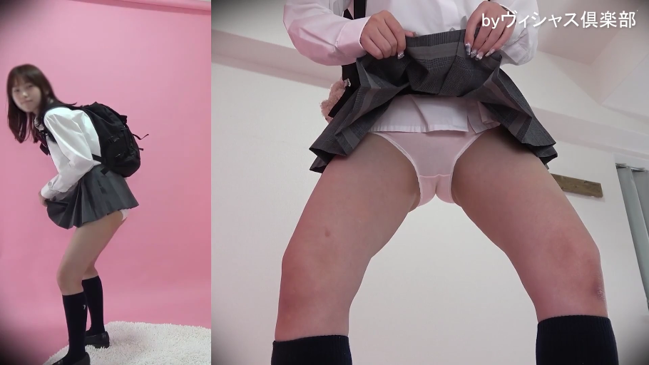 室内撮影スタジオ · JK制服 · 胯部特写 · 撩起裙子 · 立って脚を開く