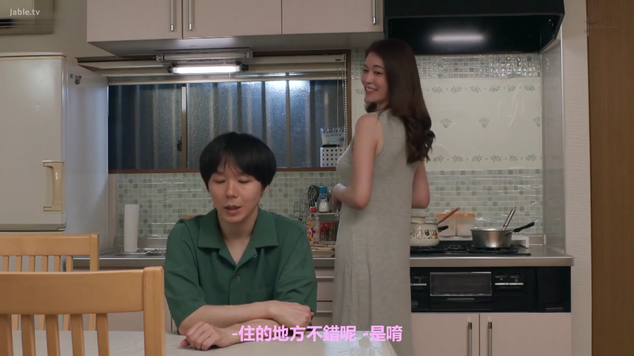 锅具 · 家庭厨房 · 画面带有中文字幕 · 女人半身侧影 · 男人神情认真 · 女人穿灰色无袖连衣裙