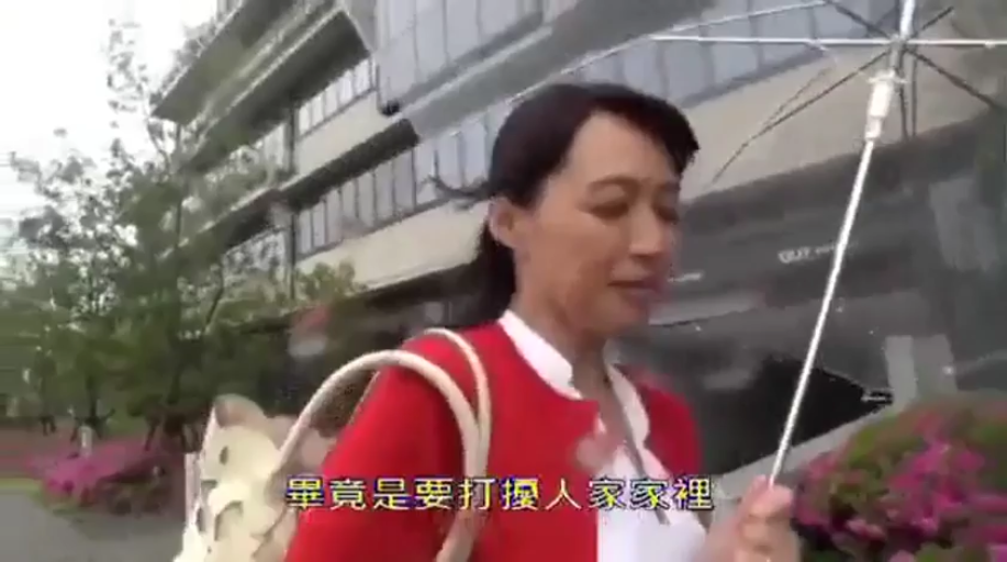交谈状 · 室外 · 傘 · 人物面部特写 · 画面带有中文字幕 · 红色开衫外套