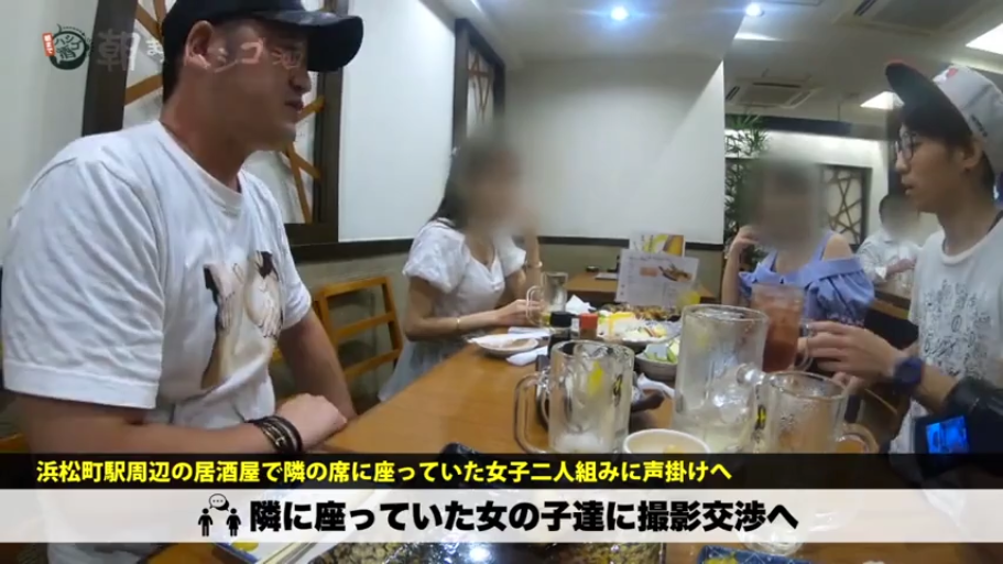 摄像机 · 居酒屋 · 人物侧脸特写 · 观察中 · 女性穿白色和蓝色露肩上衣 · 画面有字幕标识