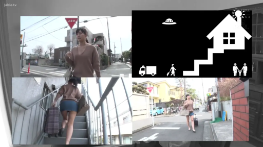 自然 · 臀部特写 · 迷你裙 · 公寓楼梯 · 行走 · 街拍风格 · 拉杆箱 · 拖行李箱