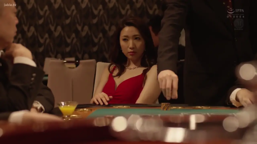 坐姿 · 严肃 · 中景 · 熟女 · 赌场 · 赌博 · 筹码 · 红色低胸连衣裙