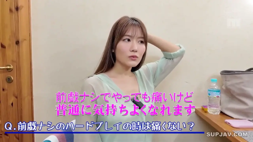 室内 · 交谈中 · 面部特写 · 麦克风 · 浅绿色薄纱上衣 · 视频字幕显示关于前戏话题