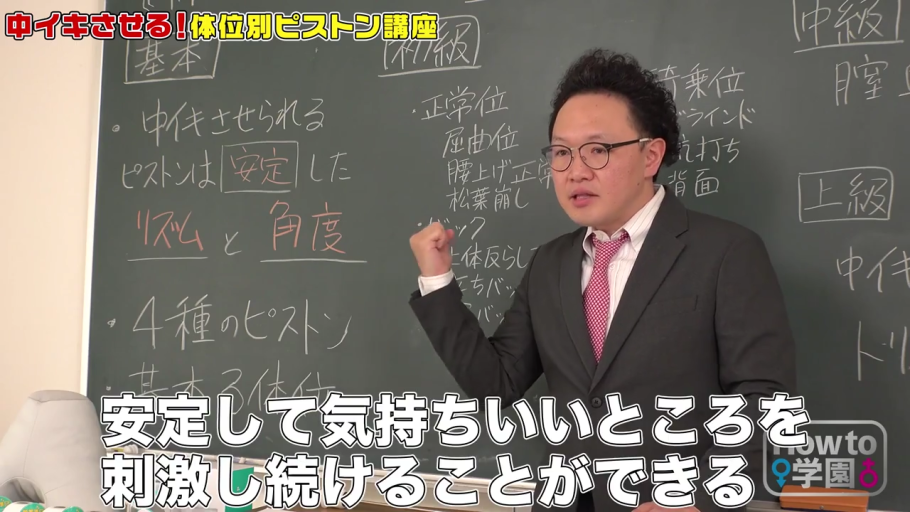 专注 · 教室 · 领带 · 格子领带 · 人物上半身特写 · 黑板上有关于体位和抽插技巧的日语板书