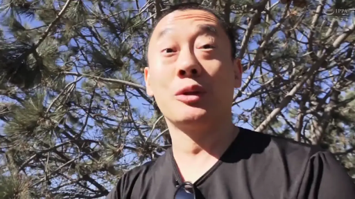 树林 · 黑色V领T恤 · IPPA水印 · 正在说话 · 中老年男性面部特写 · 衣领上的挂镜