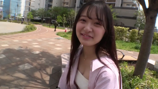 坐姿 · 面对镜头 · 面部特写 · 甜美微笑 · 粉色衬衫 · 清纯风格 · 户外公园