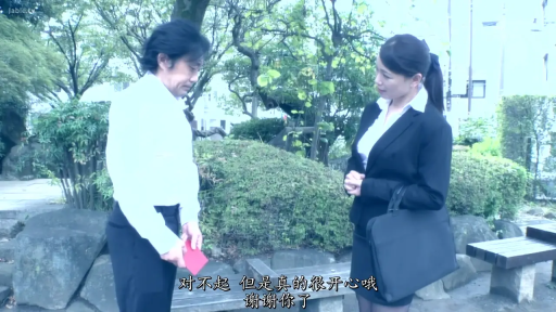 专注 · 黑色职业西装套装 · 中文字幕 · 长椅旁 · 黑色公文包