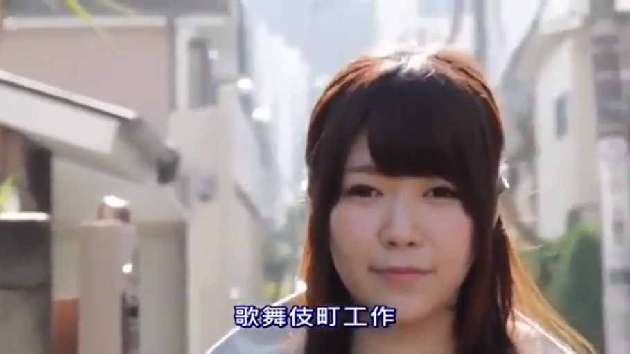 脸部特写 · 微笑 · 街道 · 浅色上衣 · 字幕显示“歌舞伎町工作”