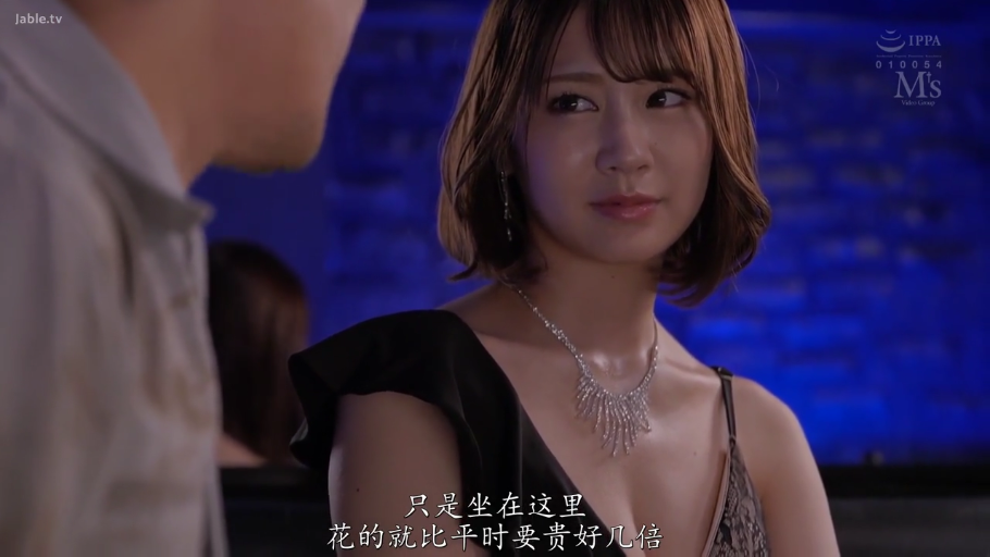 深情注视 · 黑色露肩礼服裙 · 夜店 · 女优面部特写 · 字幕显示谈话内容
