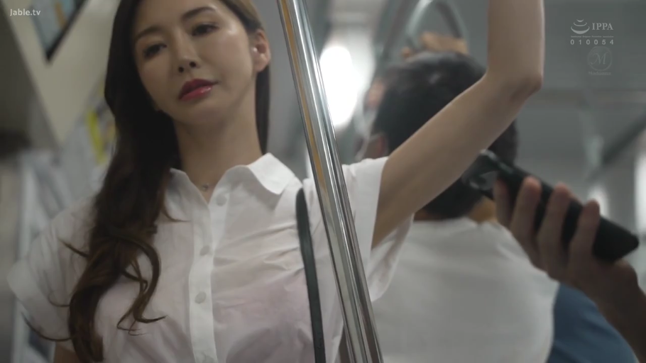 略带倦意 · 上半身特写 · 地铁车厢 · 内衣可见 · 地铁栏杆 · 衬衫透出内衣颜色