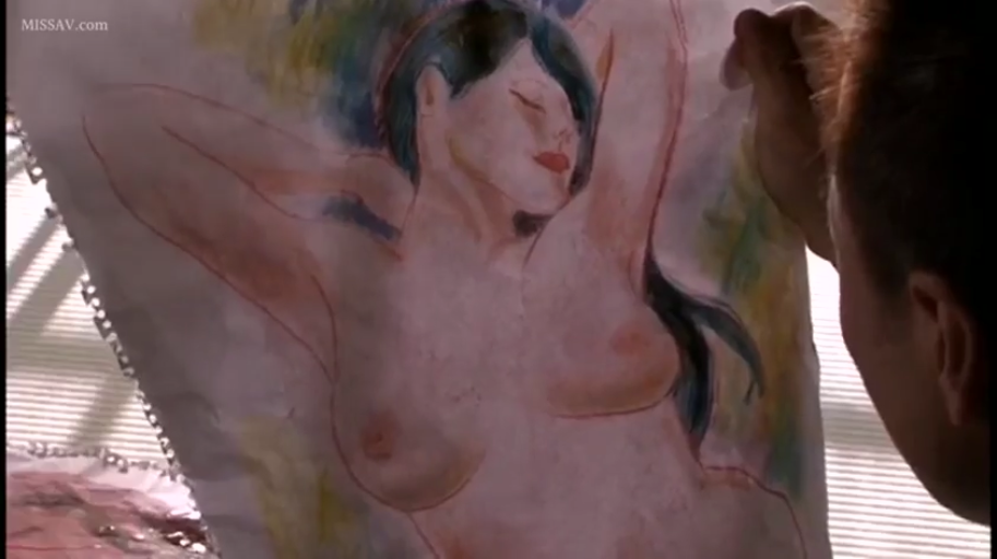 画室 · 素描纸 · 画中人裸体 · 画作特写 · 画中人表情安详 · 水彩画