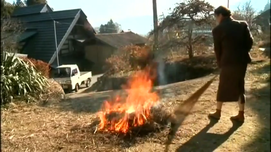 乡村庭院 · ほうき · 深色职业套装 · 烟雾缭绕