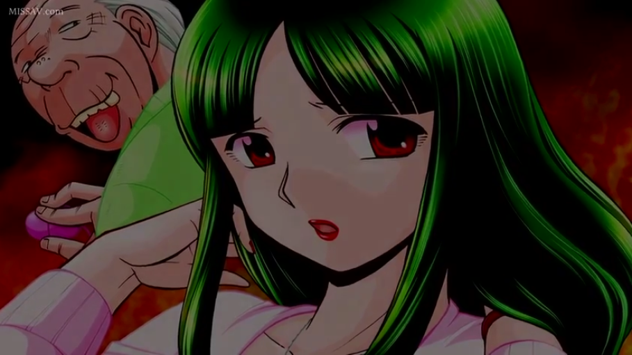 室内 · 老头面部特写 · 女性穿粉色针织上衣 · 老头淫笑伸舌头 · 二次元动画画风
