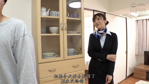 室内 · 交谈 · 站立 · 中景 · 微笑 · 中文字幕 · 橱柜 · 空姐制服