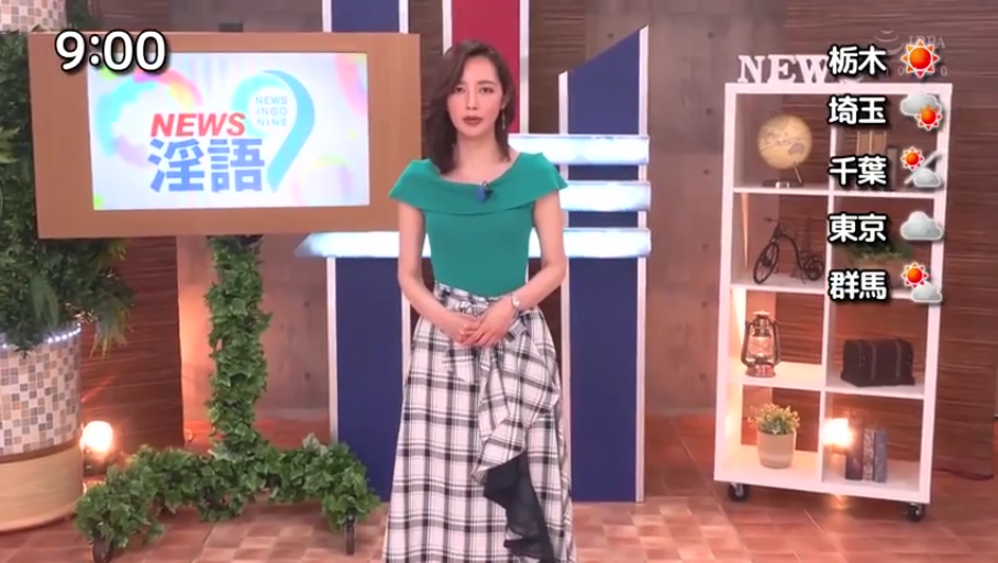 全身 · 站立 · 端庄 · 播报 · 新闻演播室 · 新闻主播 · 露肩上衣配格纹长裙 · 液晶显示屏
