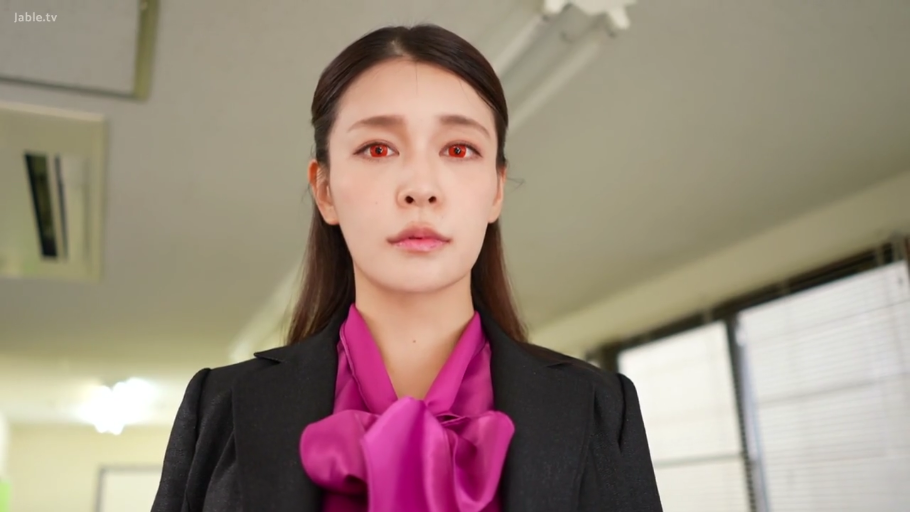办公室 · 凝视 · 眼睛特写 · 深粉色丝巾领衬衫 · 佩戴红色美瞳