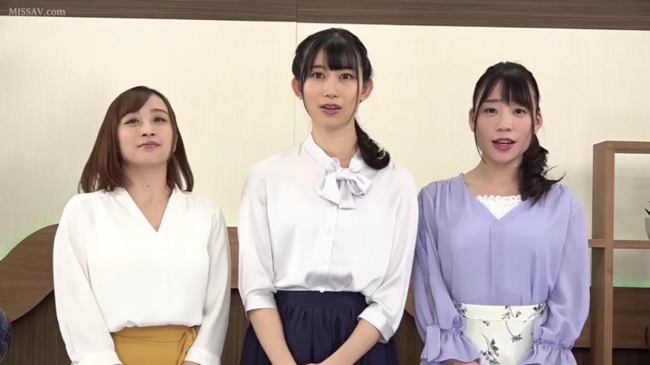 演播室 · 紫色灯笼袖上衣 · 谈话神态 · 三人的面部特写