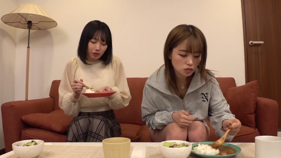 自然 · 客厅 · 咖喱饭 · 灰色运动拉链衫 · 用餐动作特写