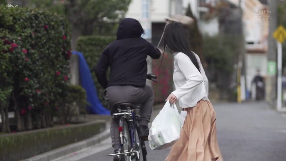 购物袋 · 棕色长裙 · 无法看清 · 背面中景 · 居民区街道
