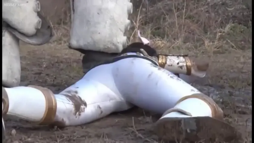 臀部特写 · 无表情 · 户外荒地 · 被踩踏 · 趴在地上 · 白色战队紧身衣 · 怪兽腿部道具 · 成人特摄