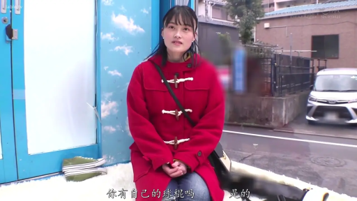 认真交流 · 室外 · 单肩包 · 红色牛角扣大衣 · 人物半身特写 · 画面下方有中文字幕