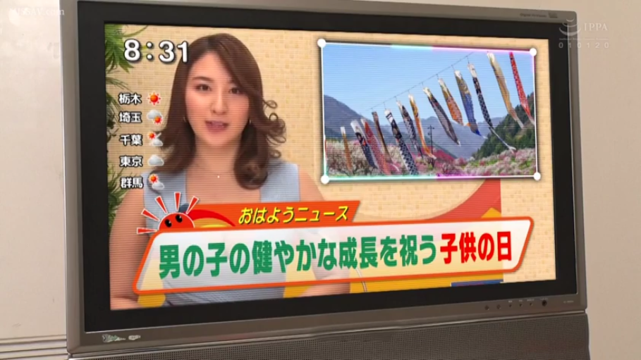 室内 · 电视机 · 无袖连衣裙 · 电视屏幕特写 · 显示日期和天气信息 · 主播播报表情
