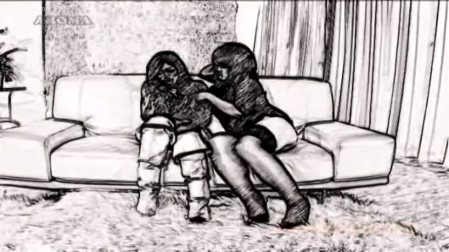 长筒靴 · 沙发 · 亲昵 · 百合抚摸 · 两人身体接触特写 · 黑白素描画风