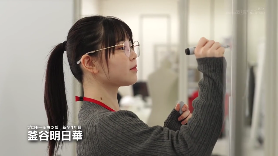 工牌挂绳 · 认真 · 办公室 · 灰色针织衫 · 佩戴眼镜特写 · 画面左下角有角色姓名标注