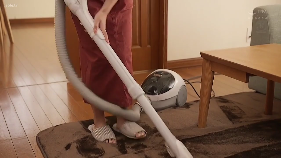 手部操作特写 · 客厅 · 吸尘器 · 条纹居家拖鞋