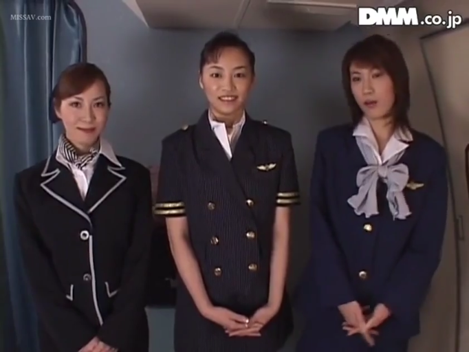 站立 · 微笑 · 半身 · 三人 · 凝视镜头 · 空姐制服 · 飞机机舱