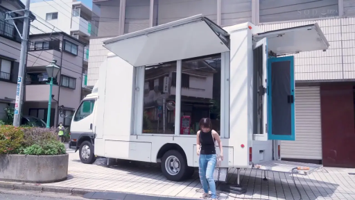 站立 · 全景 · 自然 · 蓝色牛仔裤 · 白色货车旁 · 走动 · 日间 · 改装厢式货车