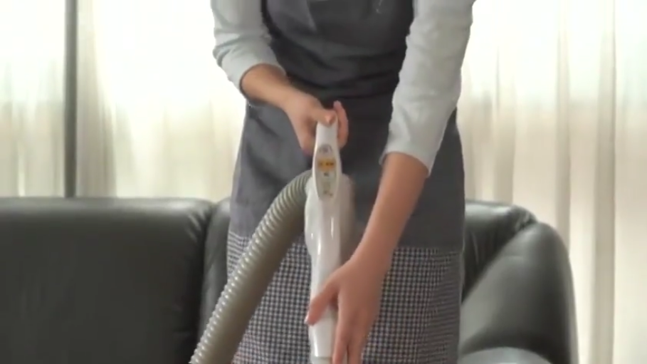 客厅 · 格子半身裙 · 围裙 · 双手操作吸尘器的特写